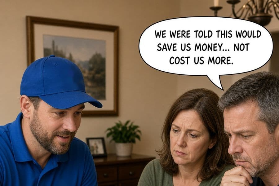 Solar salesperson pitching a proposal to worried homeowners at their dining table